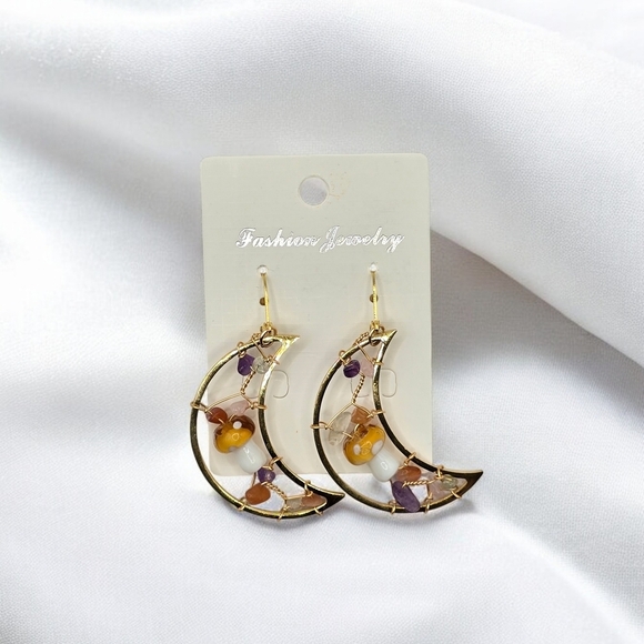 Gold and Multicolor Crescent Earrings - Picture 2 of 4